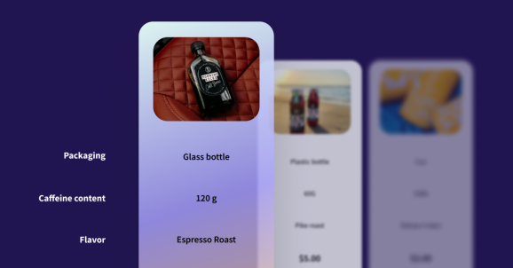 Series of vertically narrow screens, each displaying separate images with attribute callouts part of a survey, set against a purple background