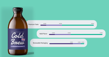 Cold brew glass bottle set against a green background, accompanied by three attributes and bar graph results showing consumer preference toward each attribute