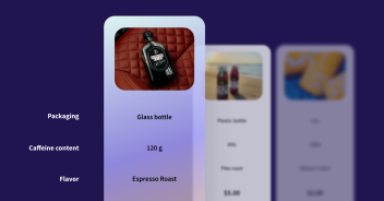 Series of vertically narrow screens, each displaying separate images with attribute callouts part of a survey, set against a purple background