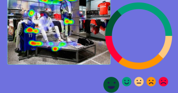 Concept of a sporting goods store evaluated using heat mapping research, set against a purple background