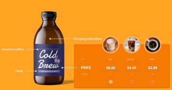 Glass bottle of cold brew being evaluated by survey respondents for various attributes using heat mapping, set against a yellow background