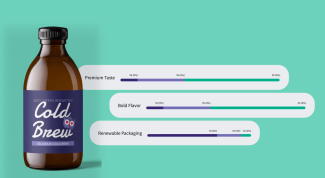Cold brew glass bottle set against a green background, accompanied by three attributes and bar graph results showing consumer preference toward each attribute