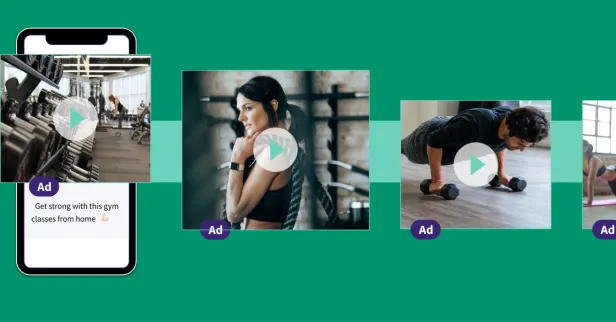 Mobile video ad previews featuring a gym scene: a woman working out, a man doing pushups; all set against a green background
