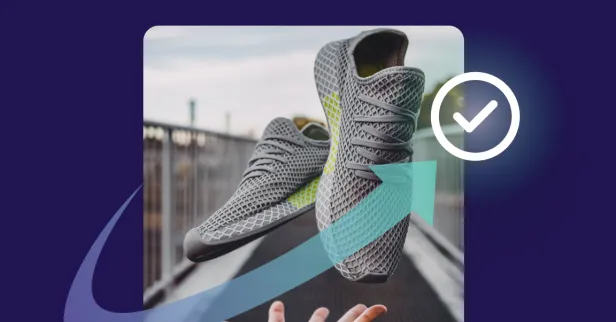Concept of sneakers with a check mark indicating consumer preference, set against a purple background