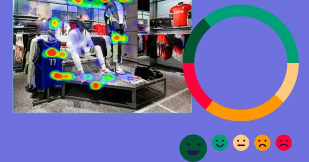 Concept of a sporting goods store evaluated using heat mapping research, set against a purple background