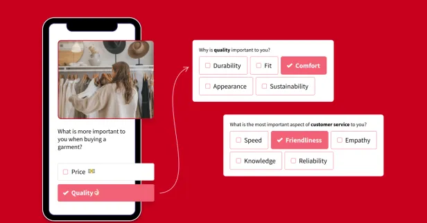 Mobile device displaying a survey question about product attribute preferences, set against a red background
