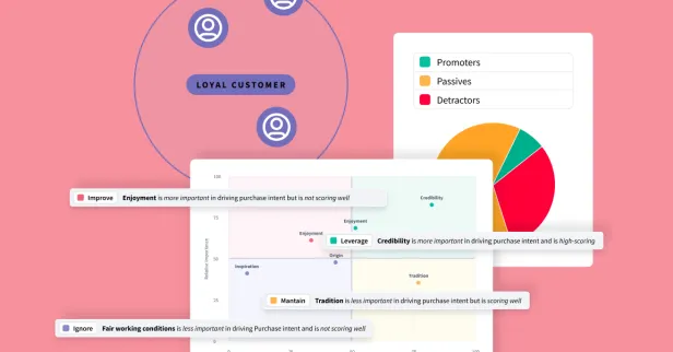 Various charts displaying key drive analysis outputs combined with customer segmentation insights, set against a pink background