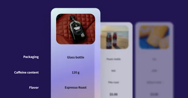 Series of vertically narrow screens, each displaying separate images with attribute callouts part of a survey, set against a purple background
