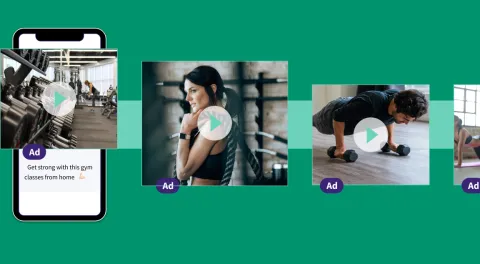 Mobile video ad previews featuring a gym scene: a woman working out, a man doing pushups; all set against a green background