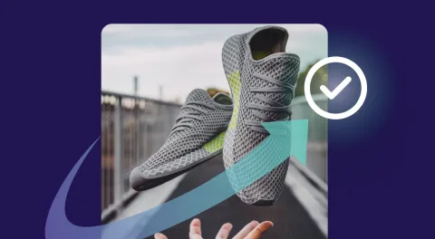 Concept of sneakers with a check mark indicating consumer preference, set against a purple background Concept of sneakers with a check mark indicating consumer preference, set against a purple background