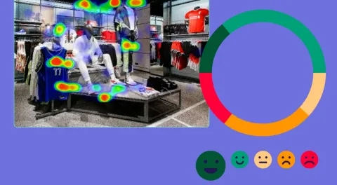 Concept of a sporting goods store evaluated using heat mapping research, set against a purple background
