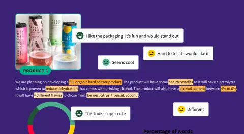 Concept illustration of canned beverages with poured drinks in front, set against a purple background, surrounded by viewer sentiment reactions with smiling, neutral, and sad face emojis
