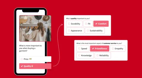 Mobile device displaying a survey question about product attribute preferences, set against a red background