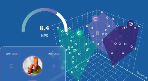 3D graph analyzing multiple variables, mapping persona clusters at key intersections, set against a blue background