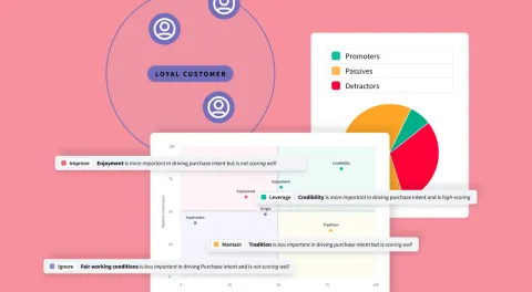 Various charts displaying key drive analysis outputs combined with customer segmentation insights, set against a pink background