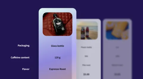 Series of vertically narrow screens, each displaying separate images with attribute callouts part of a survey, set against a purple background
